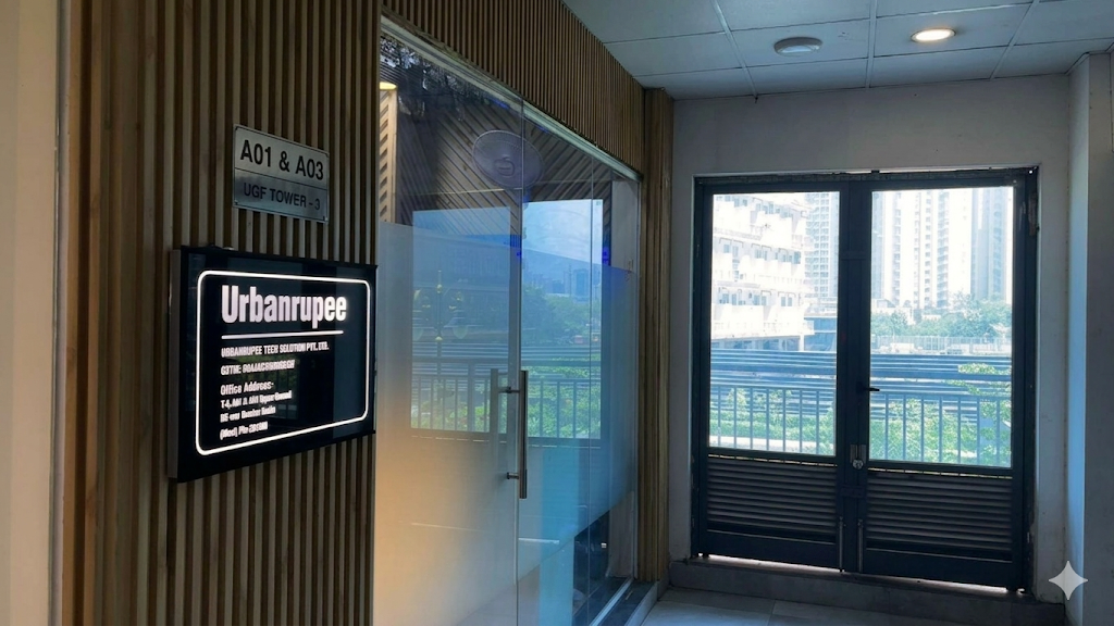 Urbanrupee office entrance at NX-One, Greater Noida — sign, A01 and A03, and glass door